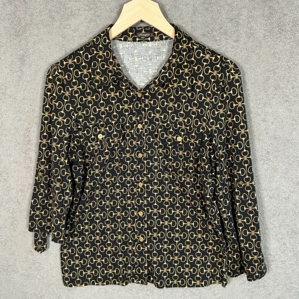 J McLaughlin Womens Equestrian Button Up Top Size M Silk Horse Bit Office Career